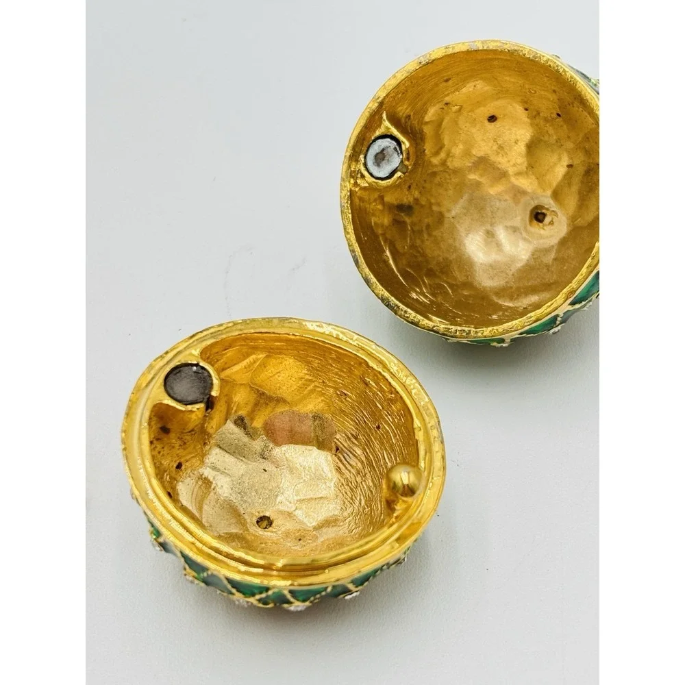Jeweled Egg Trinket Box Green Enamel Rhinestone Gold Tone Hinged Decorative